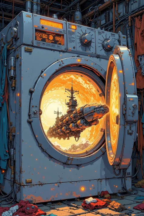 Battleship Yamato is coming out of a washing machine, with intensely glowing plasma. The washing machine door is open, a glowing portal in the washing machine, galaxy in the washing machine, A Glowing Portal, no human. laundry room, Laundry scattered on th...