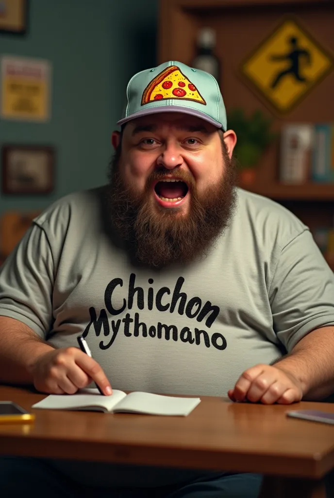 Create a miniature of a fat man , with pronounced bust of a woman, with beard, The man is doing a podcast, On his t-shirt that says "Chichon Mythomano", Warning signs can be seen in the background, having a cap with an image of a slice of pizza on the fron...