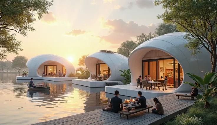 Asians peoples relax sitting with food on table at the terrace, show the riverbay with another curval and primary shaped minimalist futuristic sustainbility floating houses with solar panel on the roofs, on big white raft. there are anti-slip pathway conne...