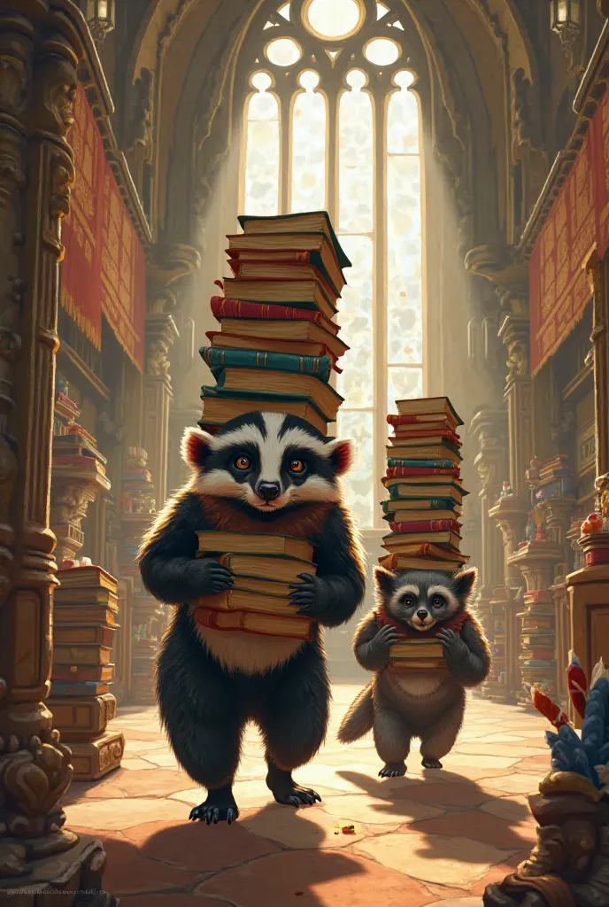 A badger and a binturong carrying piles of books inside the castle halls 