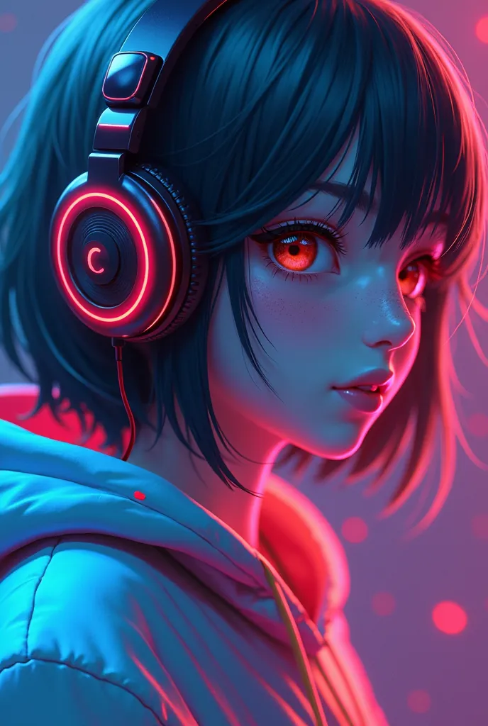 a close up of a person wearing headphones and a neon jacket, a digital painting inspired by Mihály Zichy,  winner of the pixiv contest, conceptual art,  cyberpunk anime girl with hoodies,  Blue made in Maya and the Photoshop logo , official Behance fan art...