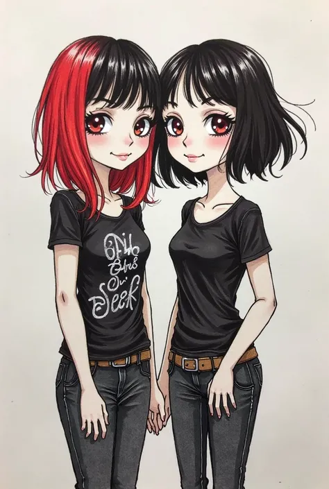 Draw a drawing made with pencils, just like the designer, Do me(I have short hair)And my friend Nana (has short black hair) I'm short and she's a little tall I have short hair, half black and red,left side red, minha amg has short black hair( Poorly done d...