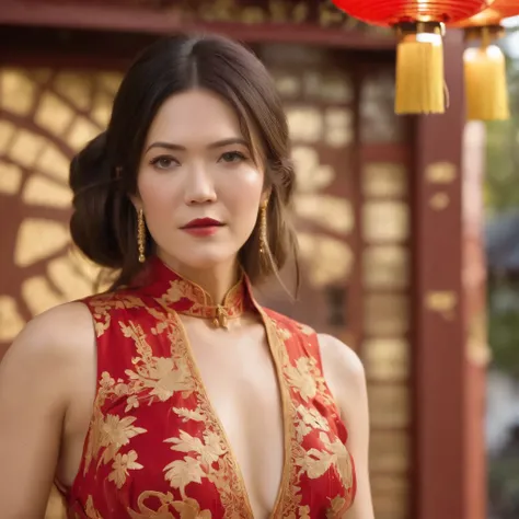 best quality, highres, 8k, masterpiece, photography, detailed midbody photorealistic portrait. Mandy Moore is seen in Chinatown, wearing an elegant red and gold qipao-inspired lace lingerie set, featuring a high-collared lace bralette with golden embroider...