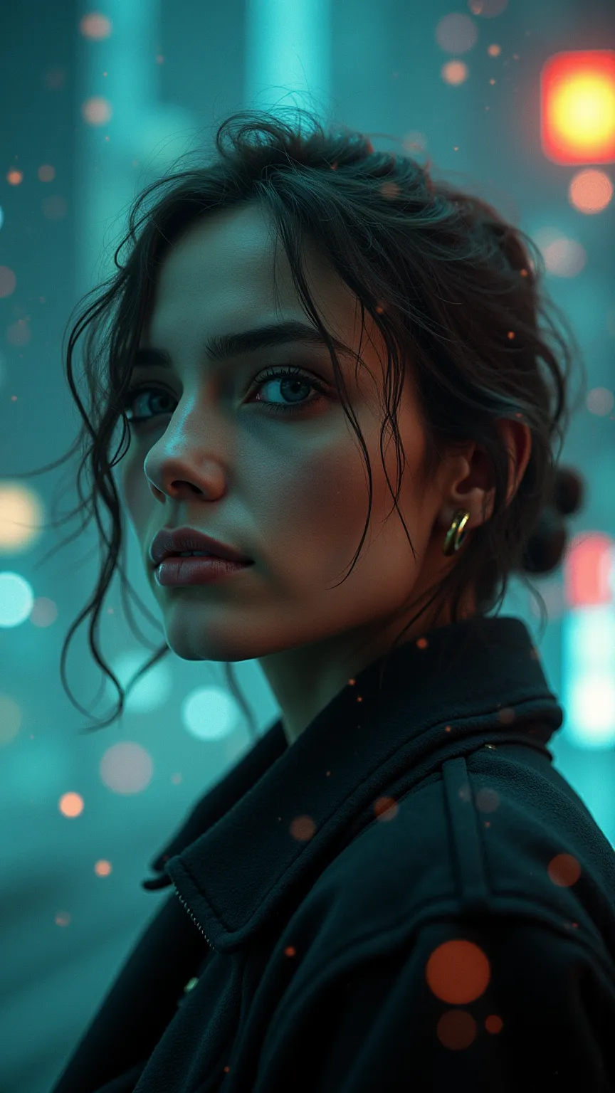 ( masterpiece:1.2, excellent quality,Cinematic Experience , realistic photos in Moscow ), 8,000,wallpaper,( 1 female),(  beautiful face), head-on lens ，( with hair fluttering like the wind),(Light Particles),Dynamic，( cyberpunk)，(A wormhole like a magic ar...