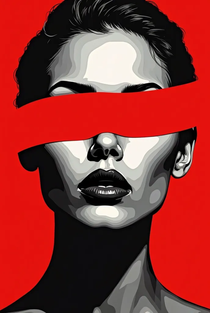 A stylized Art vectoriel portrait of sex goddess with a black and white face, partiellement obscurci par une bande rouge audacieuse sur ses yeux et sa bouche. L'arrière-plan est rouge uni. La figure semble solennelle, Art vectoriel