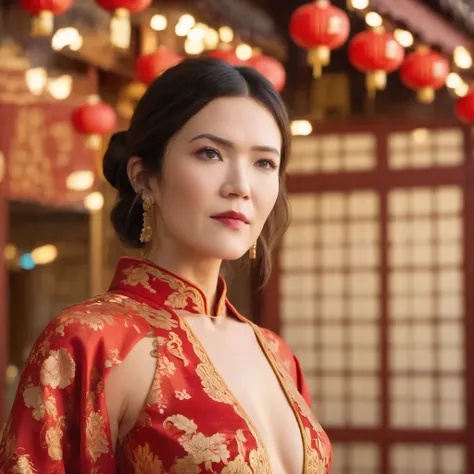 best quality, highres, 8k, masterpiece, photography, detailed midbody photorealistic portrait. Mandy Moore is seen in Chinatown, wearing an elegant red and gold qipao-inspired lace lingerie set, featuring a high-collared lace bralette with golden embroider...