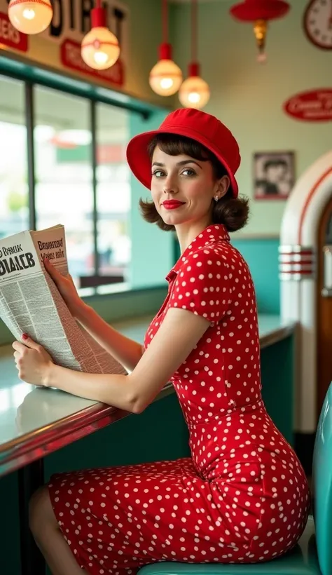 A vintage diner scene featuring a woman in a red polka dot dress and matching hat, sitting at a counter. She holds a cup of coffee in one hand and a newspaper in the other, exuding a retro charm. The diner is decorated with pastel colors, nostalgic signage...