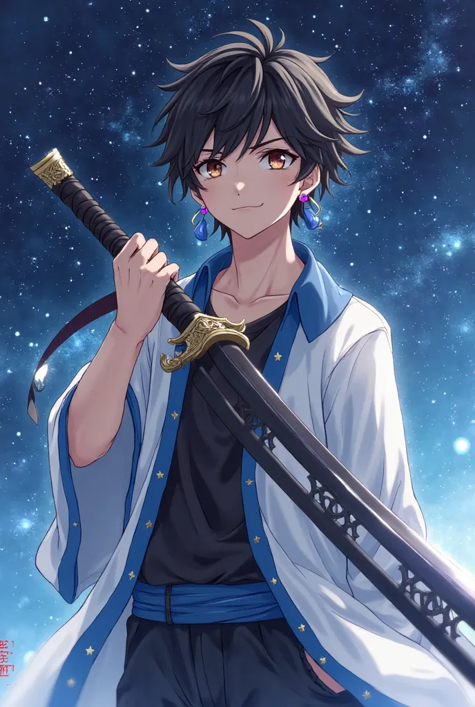  youth,handsome, black hair,brown eyes,Sugar face ,Baby Face,swordsman,has a jet black sword,black shirt,Western-style white robe(The blue line), blue earrings,A series of character actions,  Godley, Japanese illustration style, anime, Godley, 最強のswordsman...