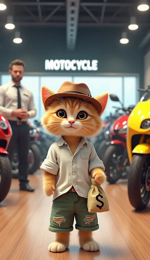 A digitally stylized anthropomorphic kitten standing in the middle of a modern motorcycle showroom. The kitten has large, expressive eyes, fluffy light brown fur, and wears a small brown hat tilted slightly on its head. It is dressed in a white, slightly t...