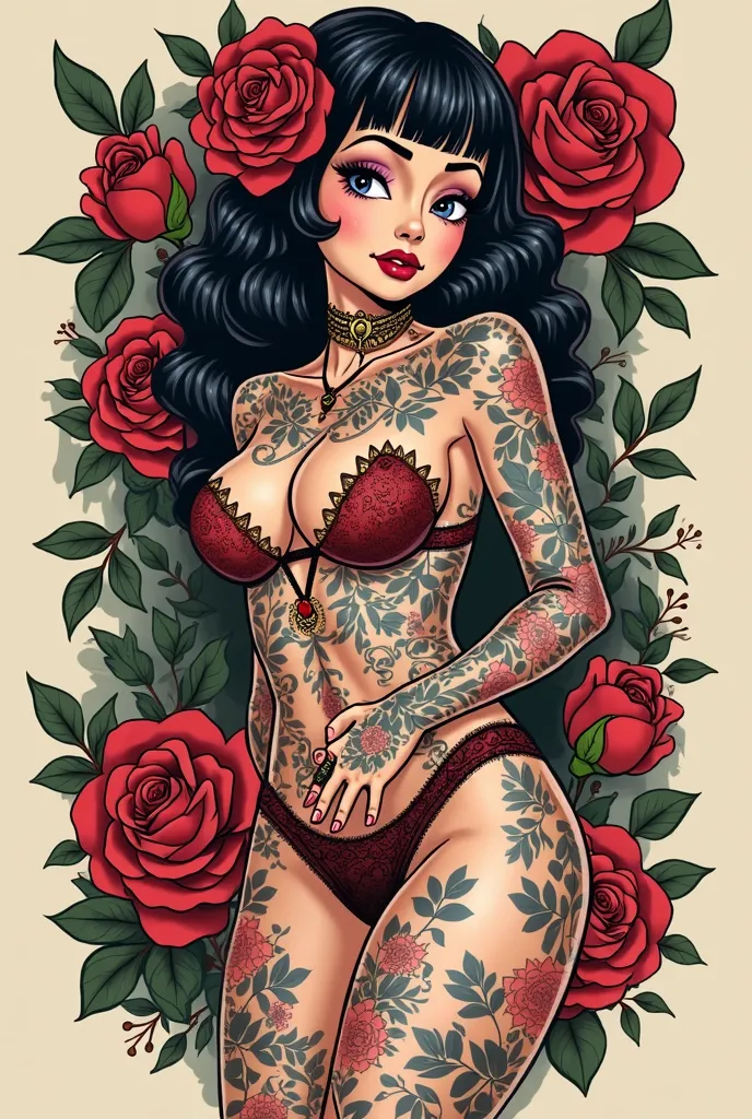 a cartoon drawing of a woman with tattoos and roses, pinup body, tattooed pinup, pinup, girl pinup, pinup pose, pinup model, pinup art, pinup girl, pin up girl, tattoo flash, comic pinup style, lowbrow art style, she is the queen of black roses, inked and ...