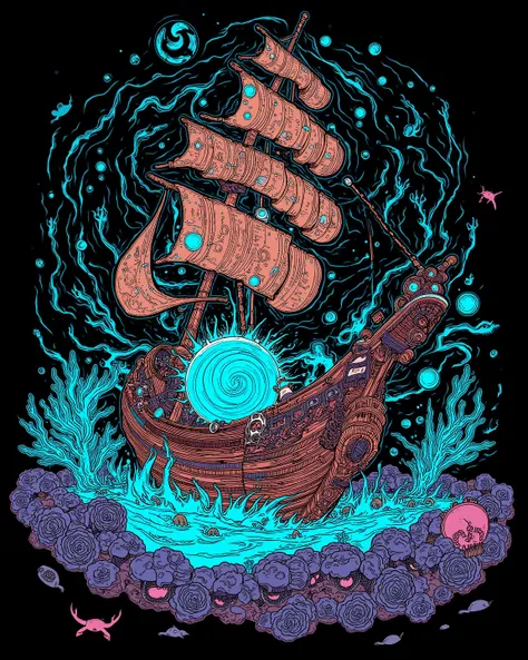  The sunken pirate ship that appeared from the glowing portal drawn with a thin brush ,Coral,Hermit crab,tortoise,Shark,  dmt Death of Ego  ,  Exquisite Futuristic Art   , drawn on a black background,Neon Glowing Portals,DMT Art, DMT Egodes ,by Tanaami Kei...