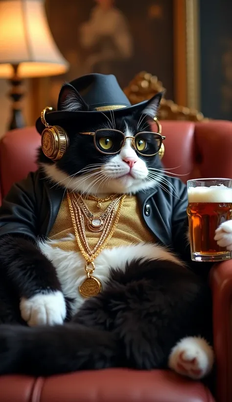 A fat and confident black and white pussy ,  comfortably seated on a luxurious chair has beer next to him.  She holds an iPhone in one paw wears an extravagant headset and stylish accessories in her ear ,  including a stylish hat , designer glasses ,  gold...