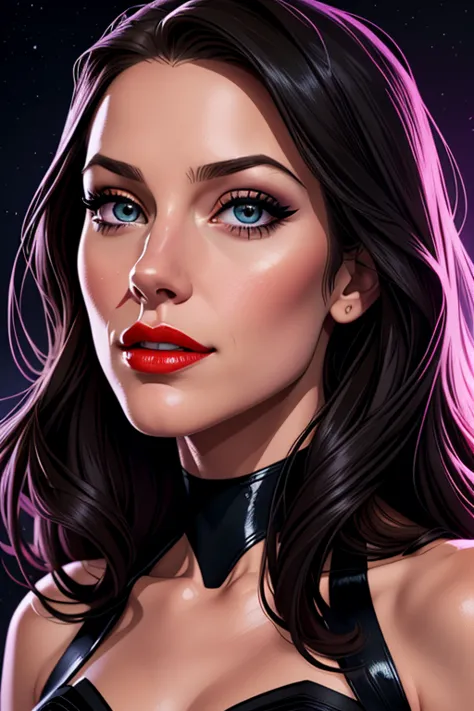 A portrait of a beautiful female whose facial features are a combo of Melissa Benoist + Katie Cassidy. The female's hair is untied and hangs loose. The female wears a sparkly black evening dress and black high-heeled shoes. The female has lovely makeup on ...