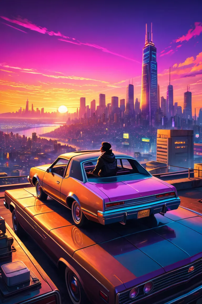 a person sitting on the hood of the car watching a sunset but retro neon theme