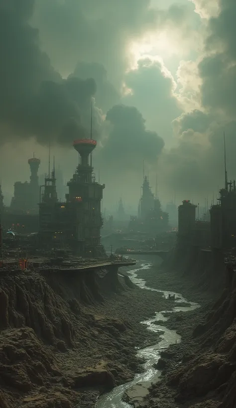 a decrepit, post-apocalyptic planet, smog-filled skies, barren, desolate landscapes, crumbling, decaying infrastructure, heavily polluted, contaminated waterways, dystopian, gritty, cinematic, 8k, hyper-detailed, photorealistic, studio lighting, physically...