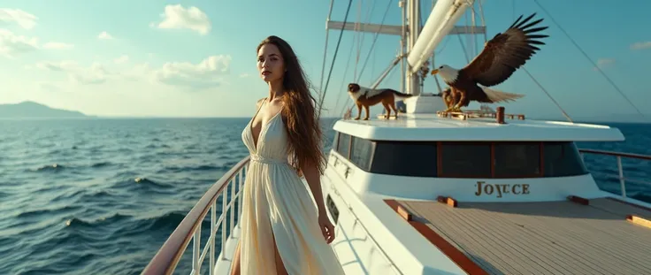 Sexy girl with long hair wearing white dress...with a big named Joyce on the boat and with big dog, an eagle and a dolphin.. Like a movie theyre in a voyage.. In sea for voyage