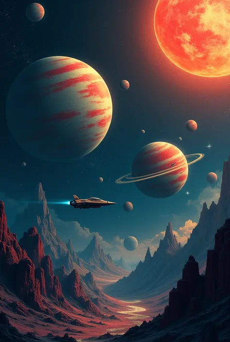 An image of space with several planets with a drawing style similar to 2D and with special small ships flying close to the planets, Also give it a darker shade