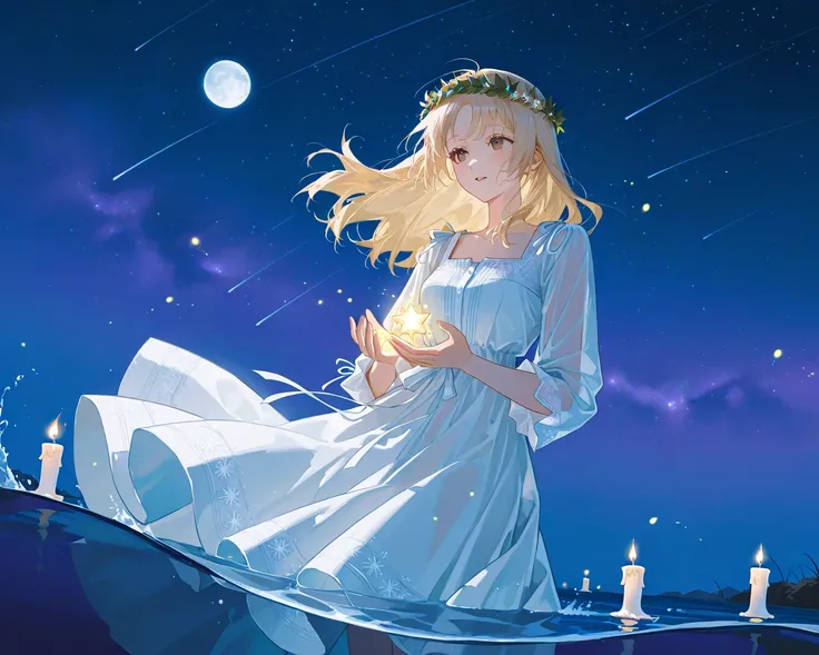 The reflection of the starry sky in the water, the reflection of the dawn on the water surface, blonde girl with light gold hair, flutters in the wind,  brown eyes , Slavic shirt with a, Slavic white summer dress with Slavic patterns, wreath with a round m...