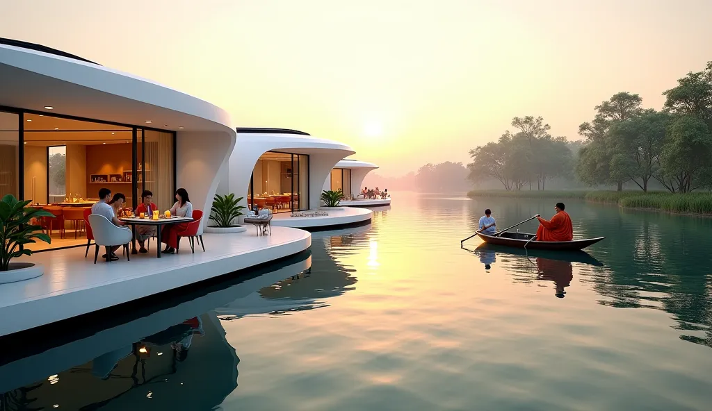 Asians peoples relax sitting with food on table at the terrace, show the riverbay with another curval and primary shaped minimalist futuristic sustainbility floating houses with solar panel on the roofs, on big white raft. there are anti-slip pathway conne...