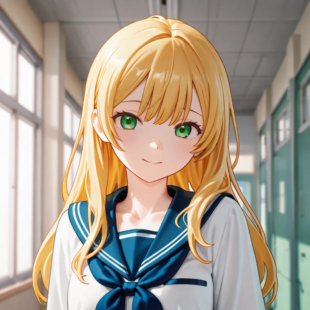 Girl walking down school corridor,  sailor uniform , blond hair, green eyes, long hair, blushed face