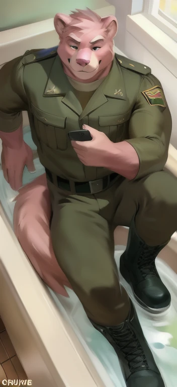  alone,  man big tall , Lying on the floor ., bathtub ,pink bear  ,Tail crocodile​ long​, black Green military Army uniform ,  wearing boots ,  heavy overload,  muscle,  Smirking psychosis ​, by chunie 