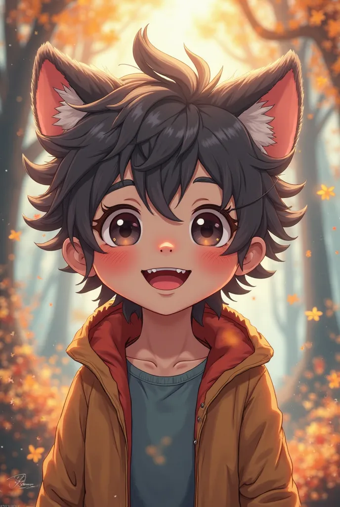 Kawaii anime hybrid werewolf boy smiling