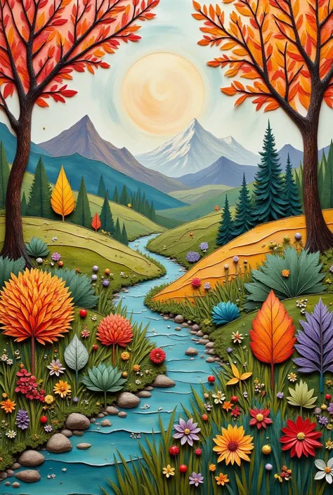 Constructing three-dimensional landscapes by cutting out portions of layers of colored glass, oil painting-like or stained glass style, fashionable, best image quality.