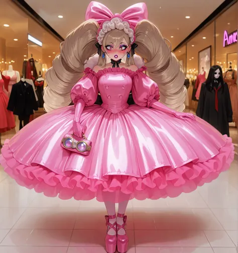 With two long, huge, voluminous pigtails in her hair  , feminine sexy  Barbie bimbo in huge poofy bouffant latex  very flared 1950’s Poodle girl  circle skirt with nipped waist  ,short full skirt and bouffant net petticoats, and a white voluminous silk blo...