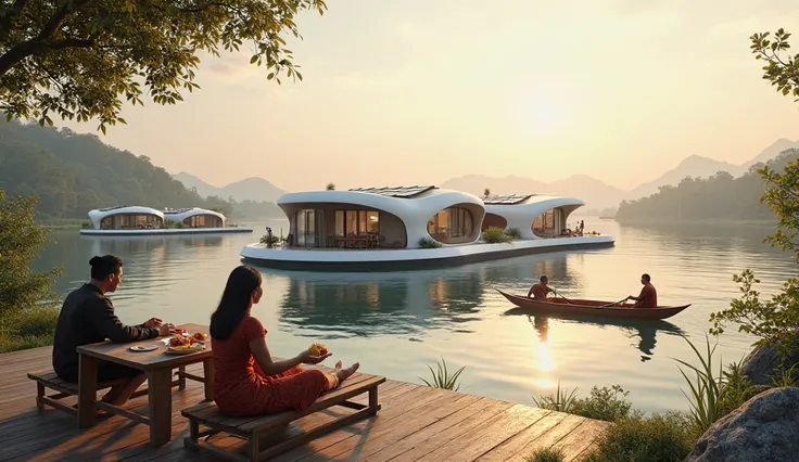 Asians peoples relax sitting with food in packaging, on table at the terrace, show the riverbay with another curval and primary shaped minimalist futuristic sustainbility floating houses with solar panel on the roofs, on big white raft. there are anti-slip...