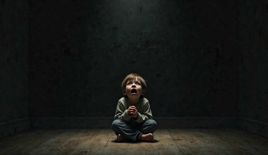 Scene 1: The Boy's Fear of the Dark
A small boy is shown sitting in a dark room, looking scared. He hugs his knees to his chest, afraid of being alone in the dark.