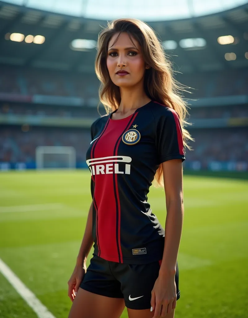 A sexy gemoy gorgeous woman posing in front of the camera wearing Jersey ball club , intermilan . in the middle of the ball field 100k ultra HD realistic and very real detail
