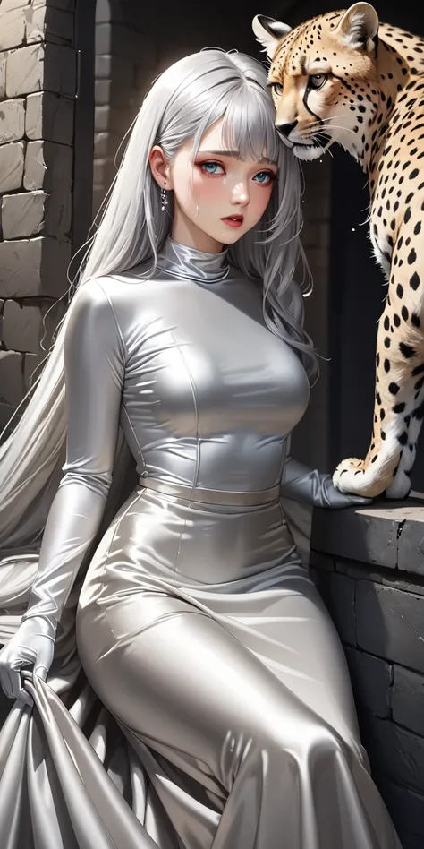 Portraiture、(masterpiece,Highest quality,Ultra-high resolution),Japanese women with silver hair, (((Very beautiful 25 year old girl)))、(She is wearing a shiny light silver satin long sleeve outfit..)、The dress has a simple design without any patterns...、((...