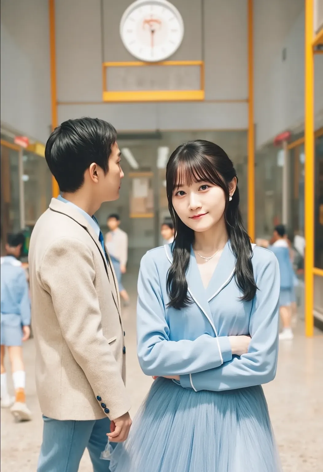 "A high school setting in the morning, a male student arrives at the school gate. He encounters a tsundere junior girl with long twin braids. She wears a neatly pressed school uniform with a pleated skirt, knee-high socks, and a blazer. Her arms are crosse...