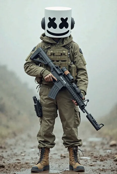 18-year-old boy with DJ Marshmello's helmet as his head, With soldier's clothes, carrying a weapon 