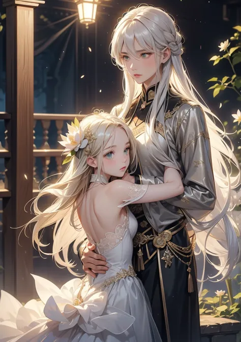 Best Quality。detailed description。Man and woman trying to kiss in an old castle garden at night full of flowers。man with long silver hair and green eyes with short blond hair、Golden-eyed woman with long silver hair、((One adult man and one adult woman))。The...