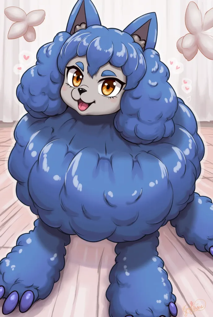 A furry character, Male Hair, blue poodle, blue nails, long claws, purple painted claws, , strong, Metrosexual, Trans, gray lips , high,  pectorals, husky, human feet, feet with 5 toes, Anime Style,  hairy, long blonde hair lipstick, collections, sexy, por...