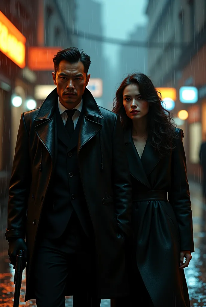 A Japanese male international police detective and a Dutch female spy are walking together in the rainy city of Alsterdam、Color film Noir movie style、detailed face、Detailed human front、