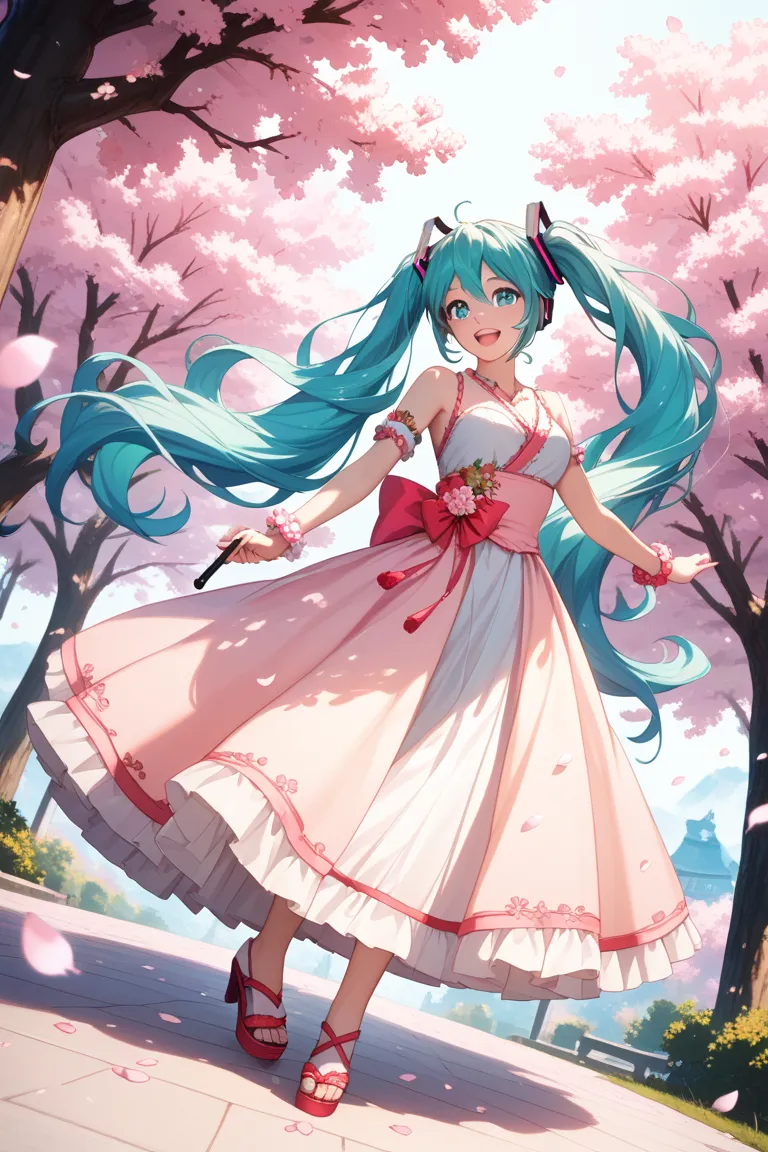 (masterpiece, best quality), Hatsune Miku, singing fantastically near cherry blossoms on a spring day, cute, ethereal, (detailed eyes), (long turquoise twintails), (shining hair), (cherry blossom petals falling), (sakura trees in background), spring season...