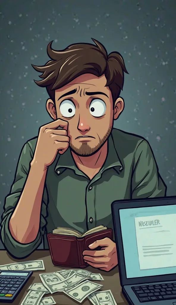  Image Prompt:
A close-up of the "poor mindset" character sighing as he stares at his empty wallet. His face shows frustration, and the background features overdue bills, a calculator, and a laptop with a declined transaction screen. The scene has a slight...