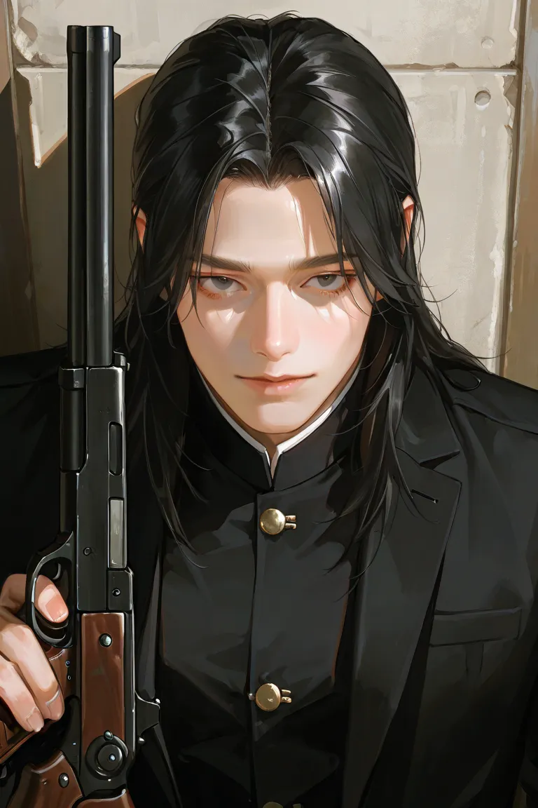  charming man , adult  mature man, Romako ,  Long Straight Black Hair , Masculinity , handsome man,  focus  ,  mature man,  delicate face, 걸작,  Perfect Eyes ,  Delicate Eyes,  1 man with a gun,  semi-animated style ,  semi-realistic style ,  detailed artis...