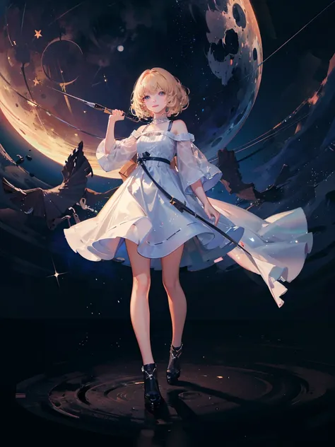 Night full of stars, moon, beautiful sky, girl, short blond hair, short curly hair, background is space full body night sky, space stars