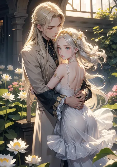 Best Quality。detailed description。Man and woman trying to kiss in an old castle garden at night full of flowers。man with long silver hair and green eyes with short blond hair、Golden-eyed woman with long silver hair、((One adult man and one adult woman))。The...