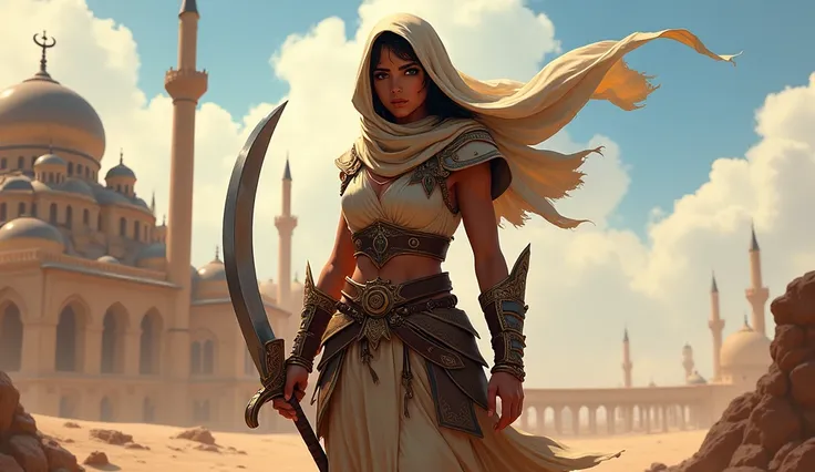 An ancient Arab warrior girl, in full arms and an ancient warrior's clothes, rounded sword in hand,  with Agrabah in the background