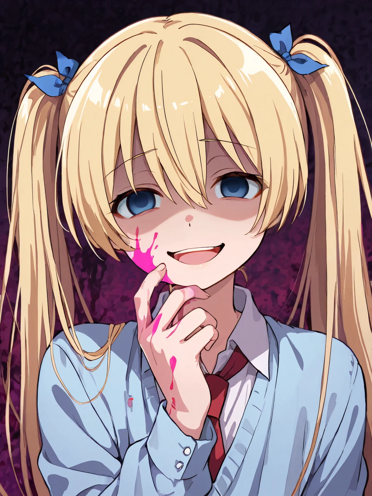 1boy, femboy, blonde hair, blue eyes, long hair, pigtails, empty eyes, crazy smile, yandere, pink blood