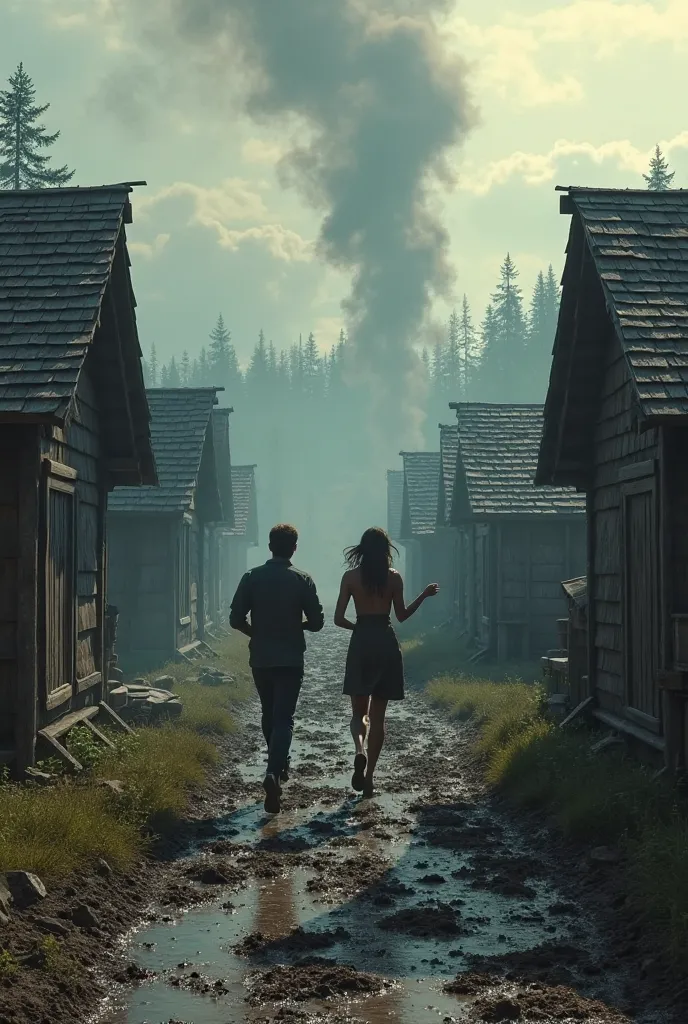 "A man and a woman running through a muddy village path surrounded by wooden cabins, smoke rising in the background, dramatic lighting, intense and cinematic atmosphere, realistic digital art, detailed forest in the distance."

