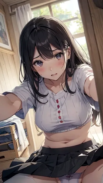 Girl showing her panties、realistic、Best Quality、Best Quality、 masterpiece、 Ultra High Resolution 、((photorealistic:1.2))、  naughty anime style  、table top, Top Quality, cute,  blush、variant、 nice, medium breasts, brown eyes,  black hair ,long hair,(crop to...