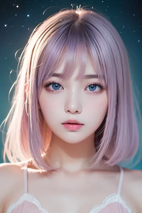 ((Masterpiece, best quality )),(Negative Space :1.4),( 1 girl, Alone:1.4),  beautiful eyes in every detail  , Floating Pastel Pink and Lavender Hair,  lavender eyes , At night, Starry Sky, Shining Star