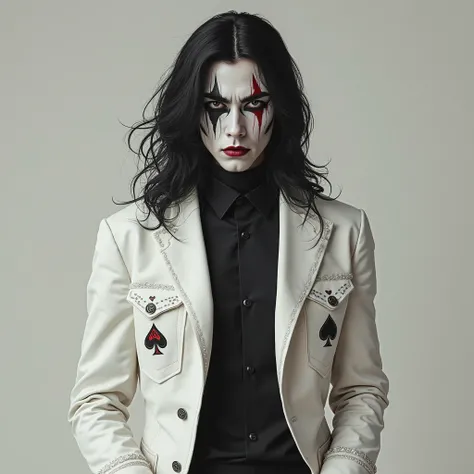 man with long black hair with ace facepaint he is wearing a white jacket with pocker decorations and a black shirt