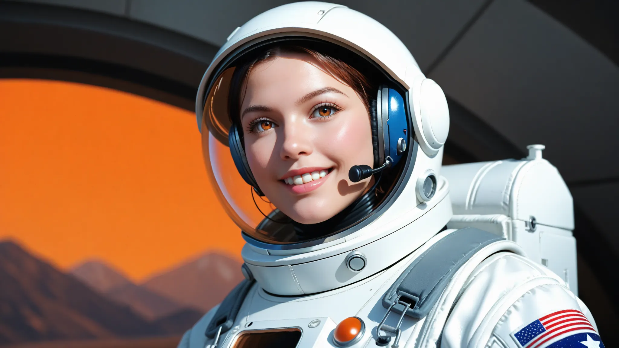 arafed image of a white woman in a futuristic suit with a spaceship in the background, movie art, in front of an orange background, inspired by Robert McGinnis, female protagonist, megastructure in the background, portrait of an ai astronaut, astronauts, a...