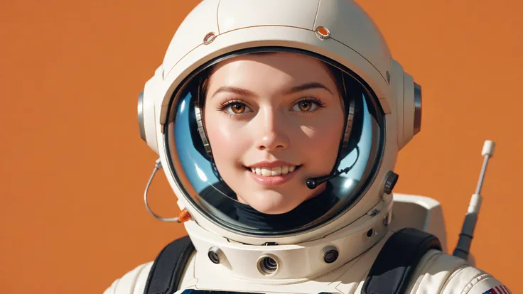 arafed image of a white woman in a futuristic suit with a spaceship in the background, movie art, in front of an orange background, inspired by Robert McGinnis, female protagonist, megastructure in the background, portrait of an ai astronaut, astronauts, a...